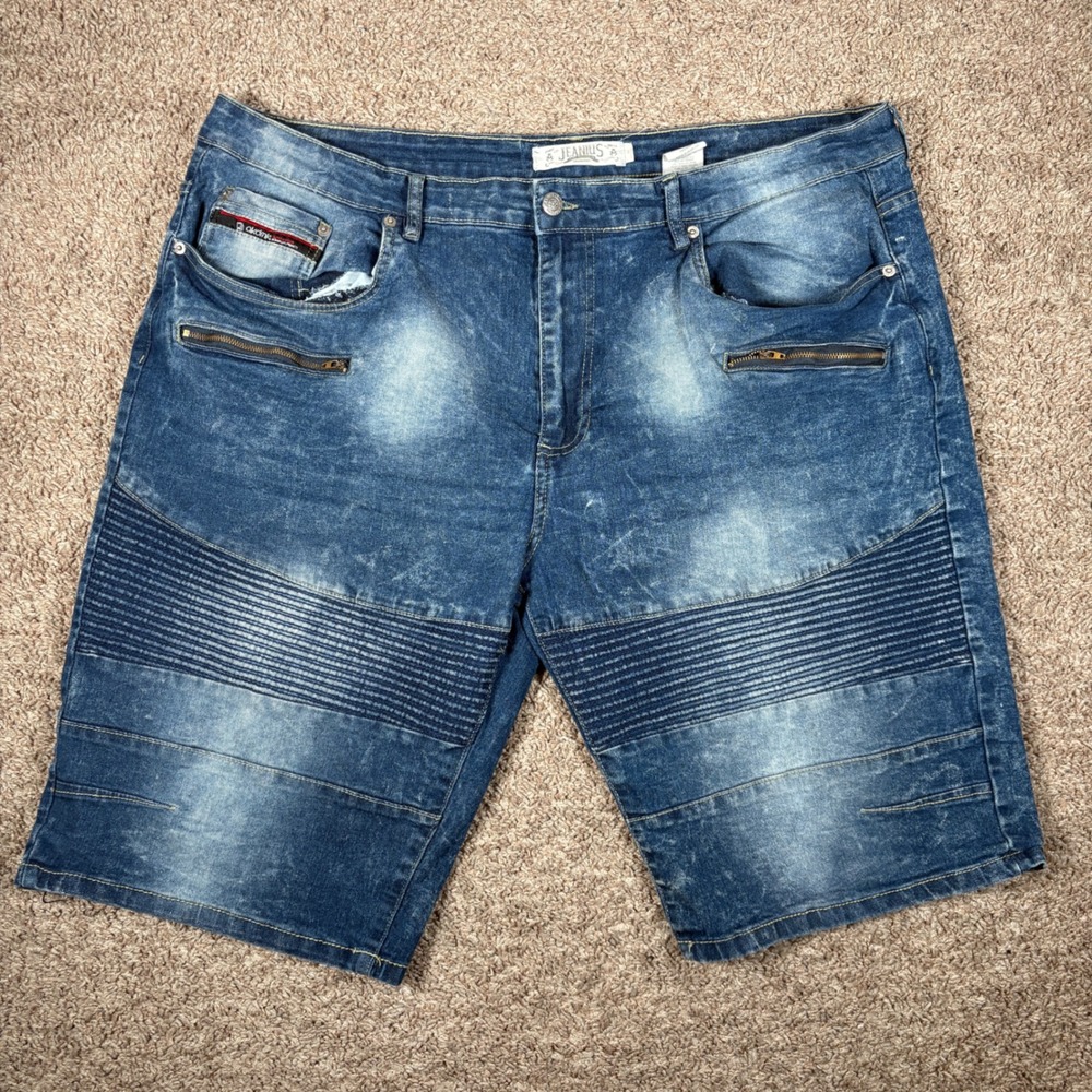 Akademiks Jeanius Blue Acid Wash Moto Denim Shorts Mens 44 Ribbed Zipper Pockets